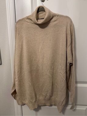 Men's Beige Turtleneck 100% Cashmere Sweater - Relaxed Classic Fit